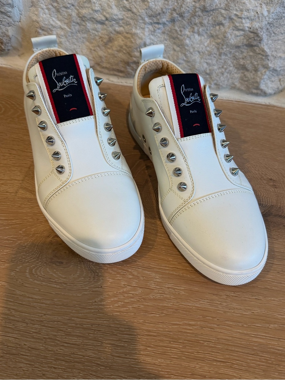 Christian Louboutin White Leather Slip-On Sneakers with Silver Studs